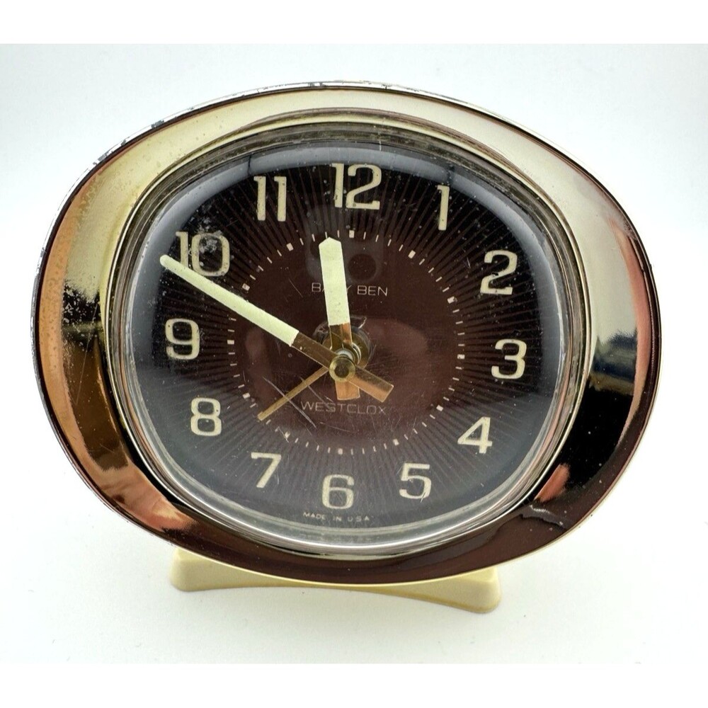 Vintage Westclox Baby Ben Alarm Clock Brown face gold white style 8
